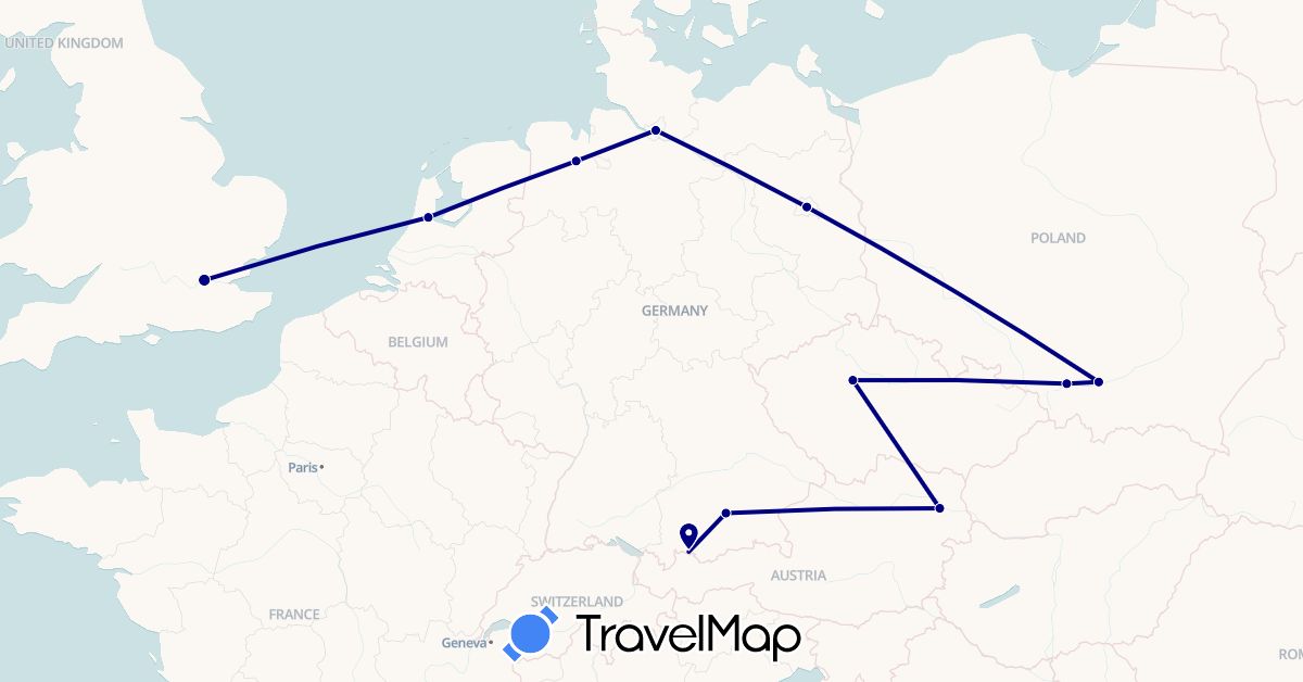 TravelMap itinerary: driving in Austria, Czech Republic, Germany, United Kingdom, Netherlands, Poland (Europe)